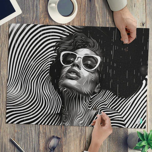 Fashion Trip I puzzle showcasing a woman's face with sunglasses, featuring hand-picked artwork by artist @shinjoku13 on premium ivory cardboard. Available in 500 and 1000 pieces.