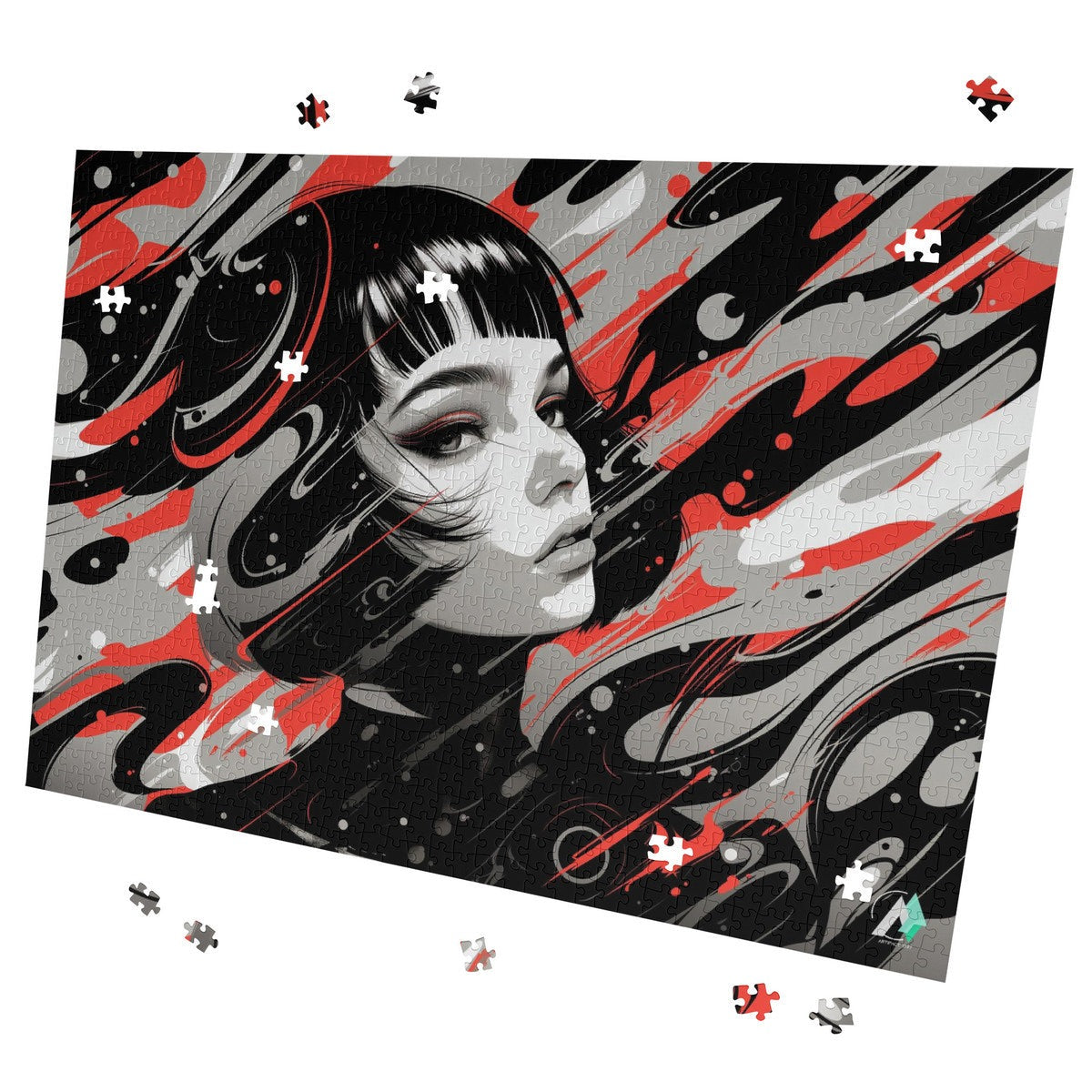 Fashion Trip II Puzzle featuring a woman's face, designed by @shinjoku13, available in 500 and 1000 pieces, made from premium ivory cardboard.