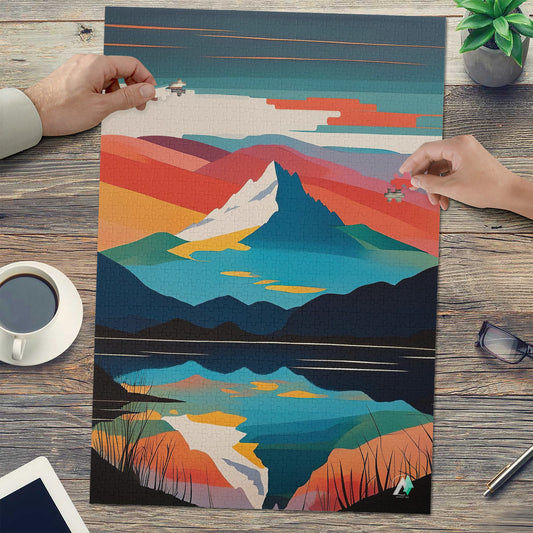 Peak in Reflection Puzzle showcases a detailed mountain and lake landscape, available in 500 and 1000 pieces, crafted from premium ivory cardboard.