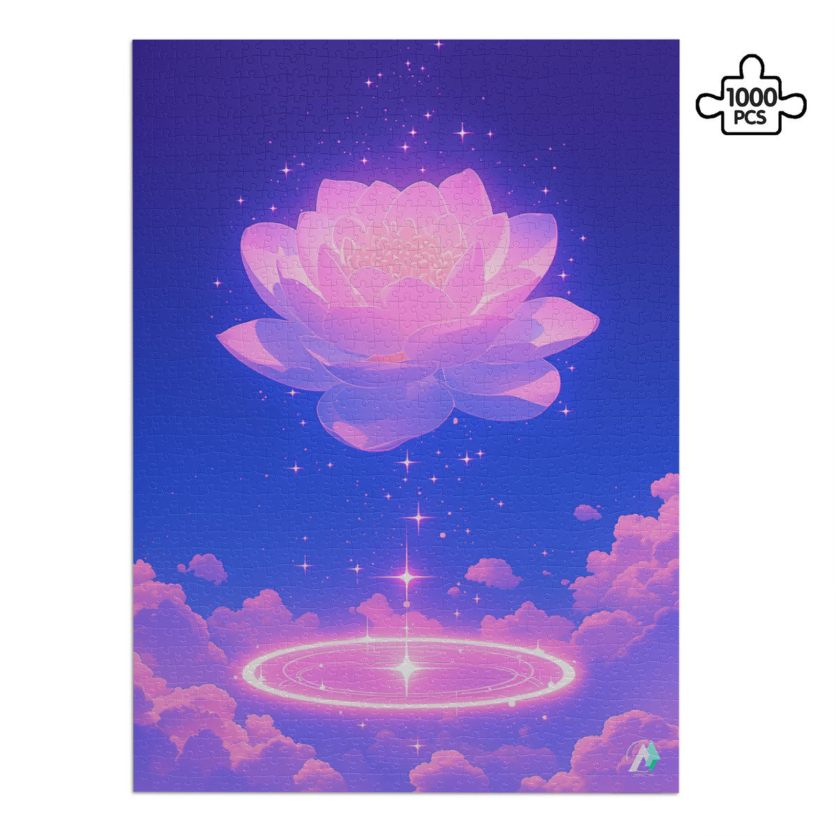 Celestial Bloom III Puzzle, featuring a flower design with clouds, available in 500 or 1000 pieces, crafted from premium ivory cardboard.