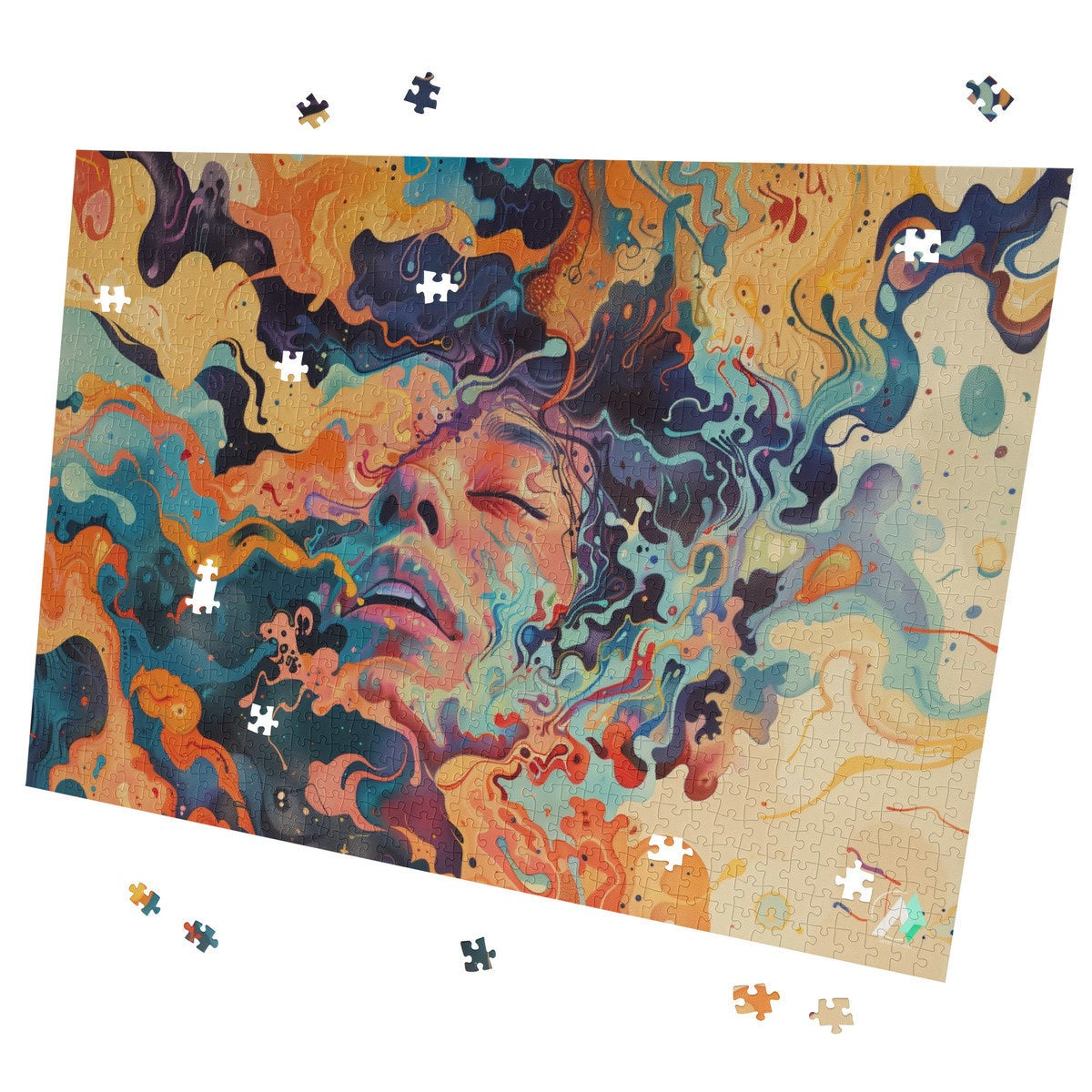 Liquid Trance II Puzzle features a vibrant, modern artwork of a woman's face, available in 500 or 1000 pieces, crafted from premium ivory cardboard.
