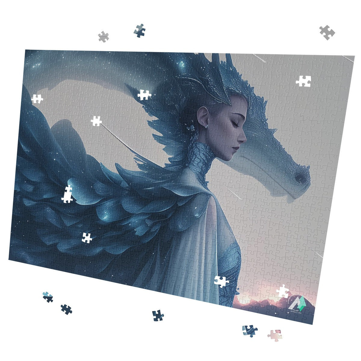 Wyvern Wyre V Puzzle: A jigsaw featuring a woman with a dragon-like head, available in 500 and 1000 pieces, crafted from premium ivory cardboard.