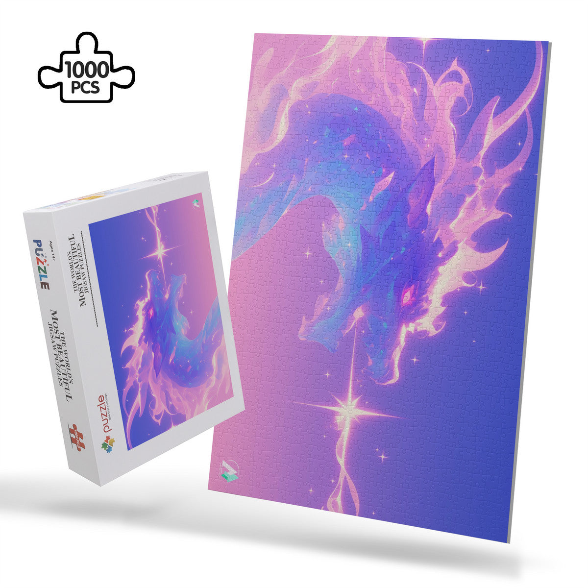 Prismatic Breath Puzzle: A captivating dragon-themed jigsaw puzzle, available in 500 and 1000 pieces, featuring premium ivory cardboard with a satin finish.