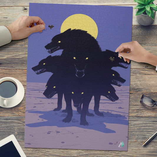 Hounds Unleashed V Puzzle, featuring a striking wolf head artwork, available in 500 and 1000 pieces, crafted from premium ivory cardboard.