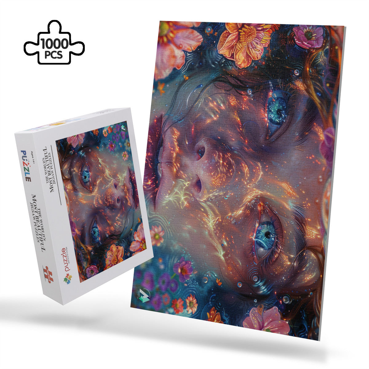 Emergence II Puzzle featuring a woman's face intertwined with flowers, available in 500 or 1000 pieces, crafted from premium ivory cardboard with a satin finish.