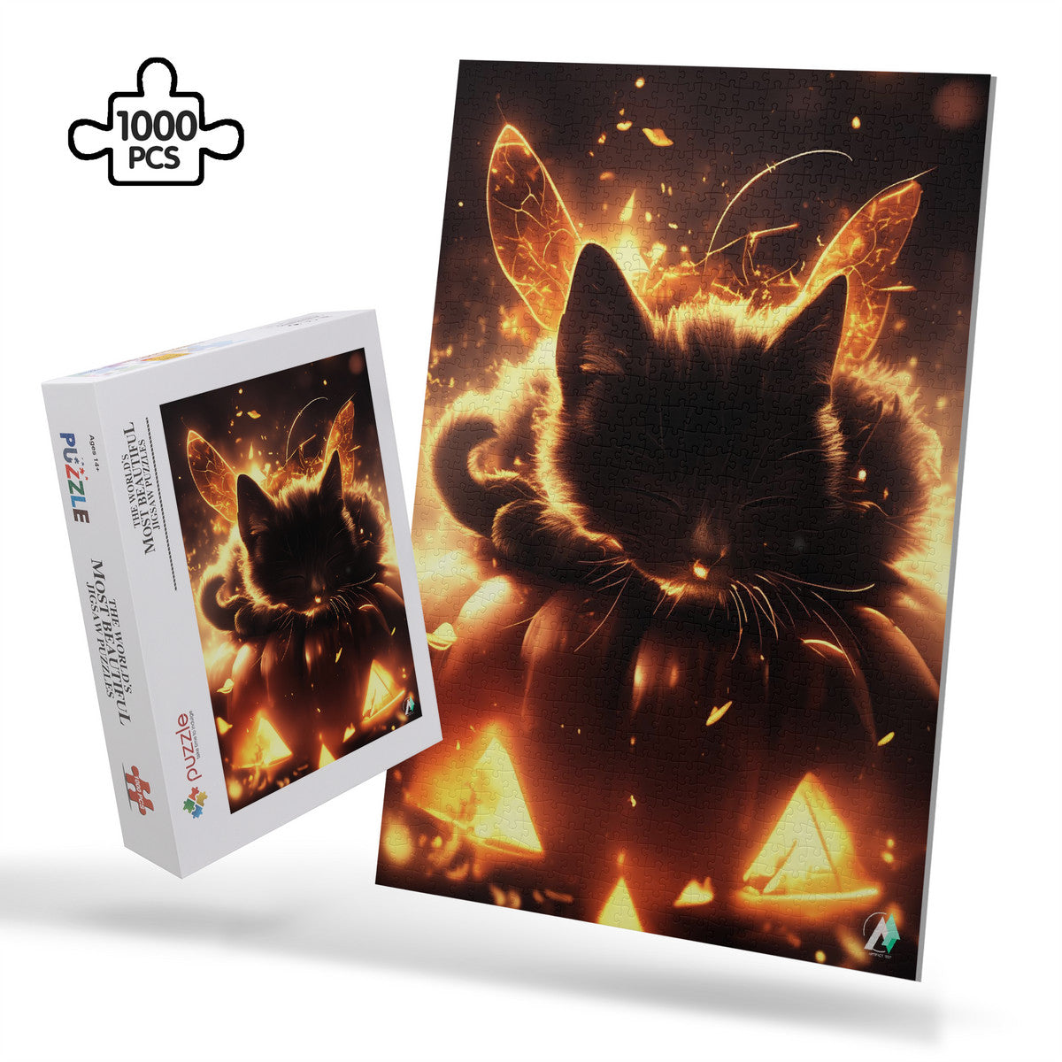 Faerie Feline II Puzzle features a cat fairy lounging on a pumpkin, available in 500 and 1000 pieces, crafted from premium ivory cardboard.