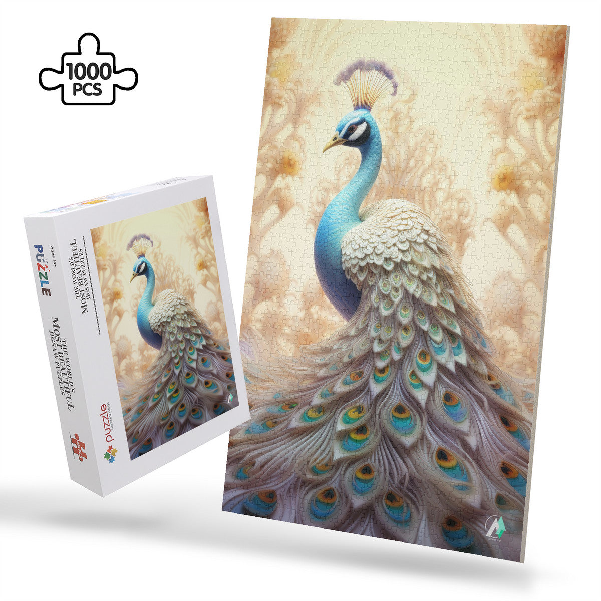 The Peacock Emperor Puzzle, featuring a detailed peacock design, available in 500 and 1000 pieces, crafted from premium ivory cardboard with a satin finish.
