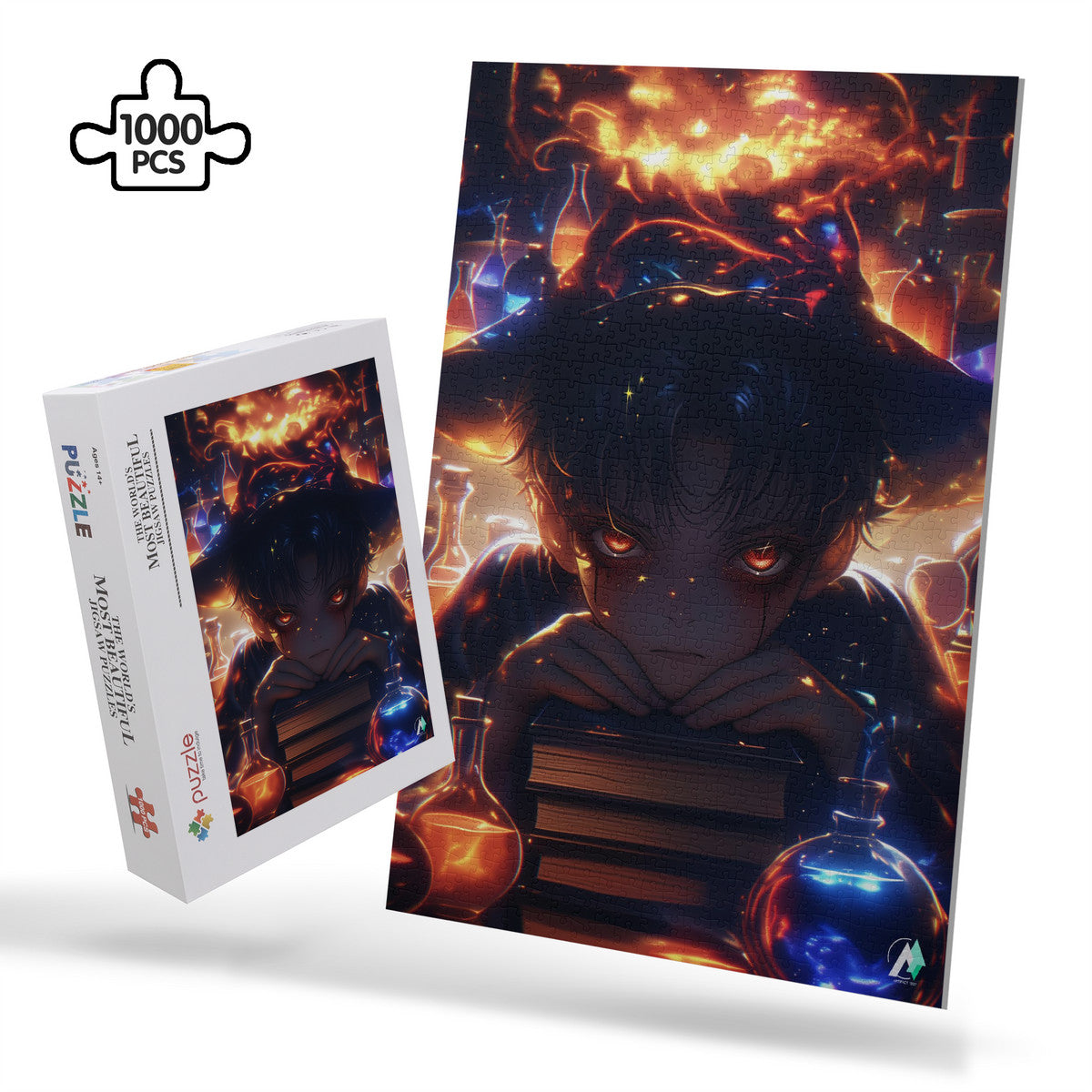 Changeling Puzzle: A whimsical jigsaw featuring a magical boy in a hat, crafted from premium ivory cardboard. Available in 500 and 1000 pieces.