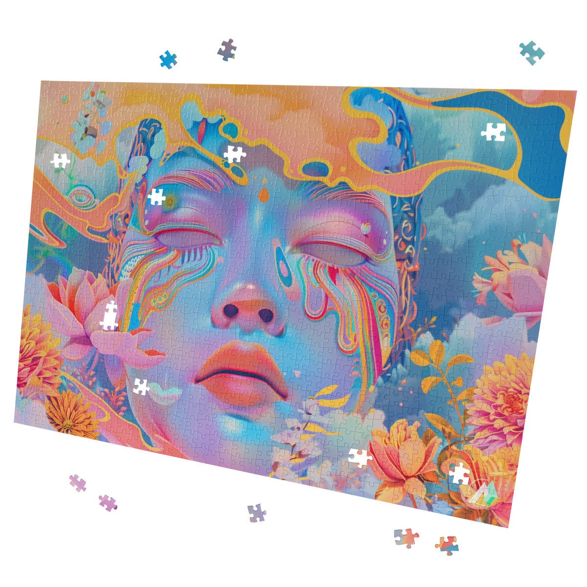 Indian Veda in Pastels I Puzzle: A 500 or 1000-piece puzzle featuring a woman's face adorned with flowers, showcasing modern art by @shinjoku13.