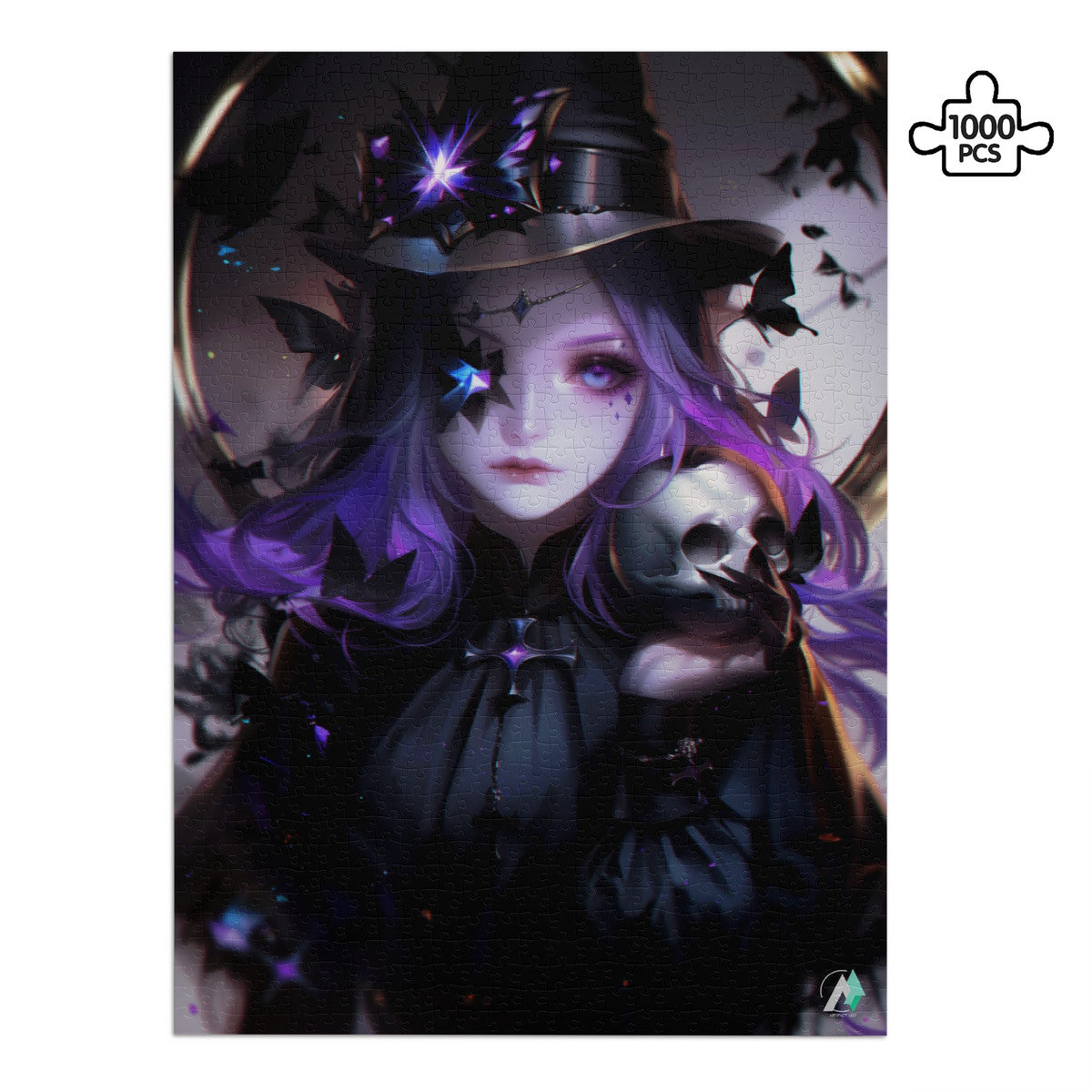 Brona and Friend Puzzle features a woman with purple hair holding a skull, inspired by artistic motifs and crafted from premium ivory cardboard.