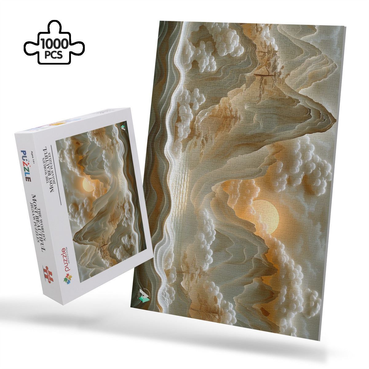 Entrance Eternal Puzzle featuring a mountain landscape with clouds and sun, available in 500 and 1000 pieces, made of premium ivory cardboard.