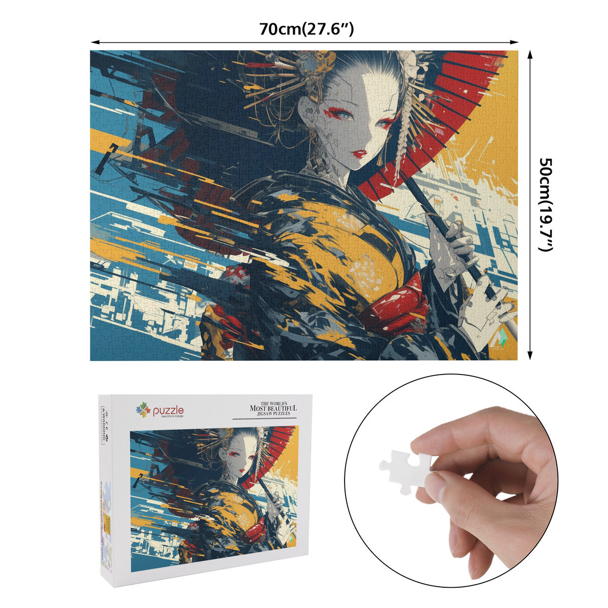 Geisha Borg Puzzle featuring a woman Japanese geisha robot holding an umbrella with intricate details, available in 500 or 1000 pieces. Artwork by @shinjoku13.