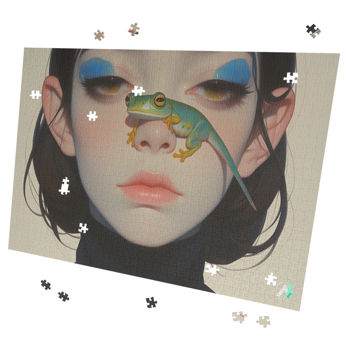 Surreal Feminine VII Puzzle depicting a woman with a lizard on her nose, crafted from premium ivory cardboard, available in 500 and 1000 pieces.