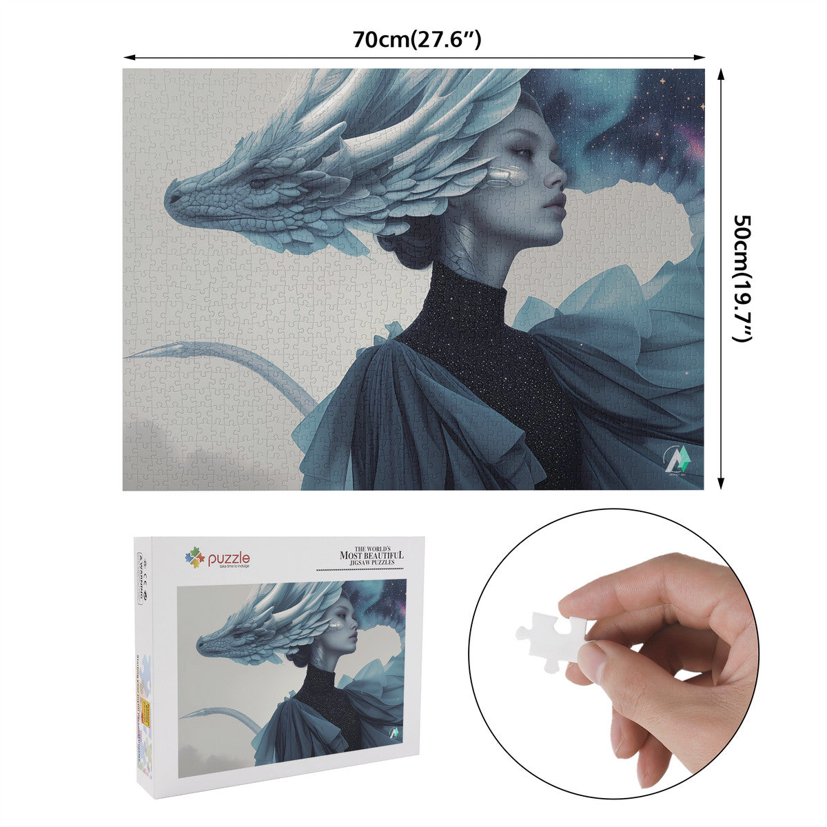 Wyvern Wyre III Puzzle features a woman with a dragon next to her head and wings, made of premium ivory cardboard, available in 500 and 1000 pieces.