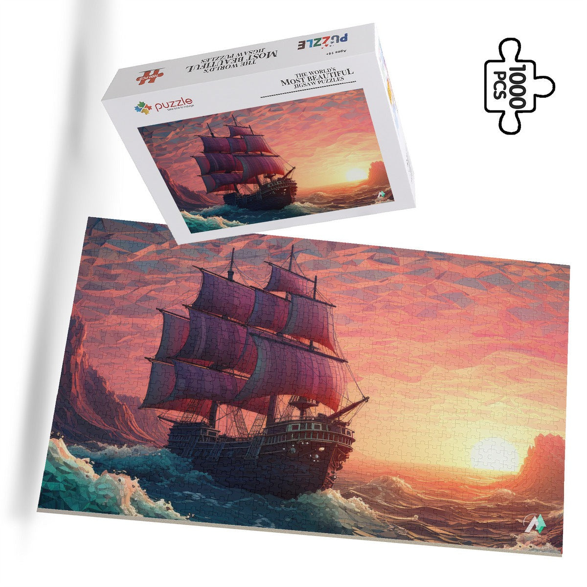 Long Journey Ship Puzzle depicting a ship with sails in the ocean, available in 500 or 1000 pieces, featuring premium ivory cardboard.