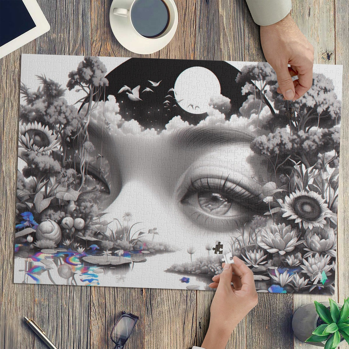 Peering Into II Puzzle features a woman's face surrounded by flowers, capturing surreal artistry. Available in 500 or 1000 pieces for a challenging experience.