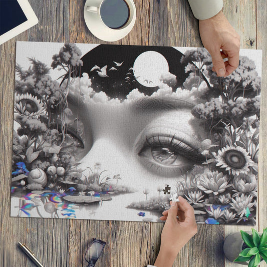 Peering Into II Puzzle features a woman's face surrounded by flowers, capturing surreal artistry. Available in 500 or 1000 pieces for a challenging experience.