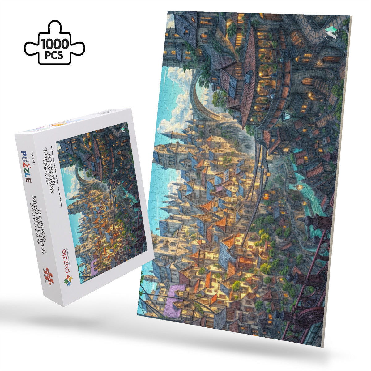Lumina Heights Puzzle featuring a fantasy cityscape design, available in 500 or 1000 pieces, crafted from premium ivory cardboard with satin finish.