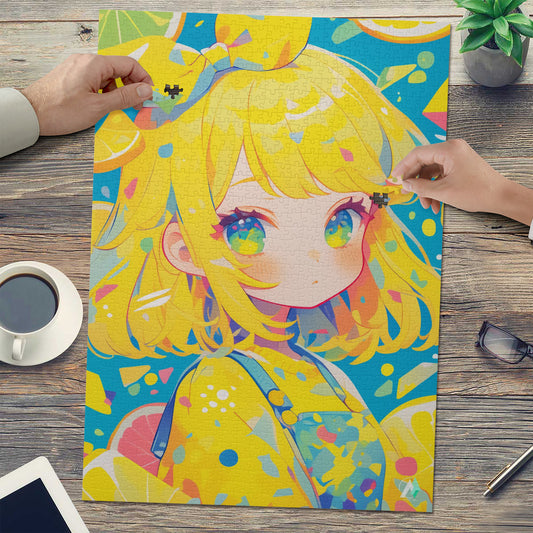 Chibi Lemona Puzzle featuring a cartoon girl illustration with bright lemon colored hair, available in 500 and 1000 pieces, crafted from premium ivory cardboard with satin finish.
