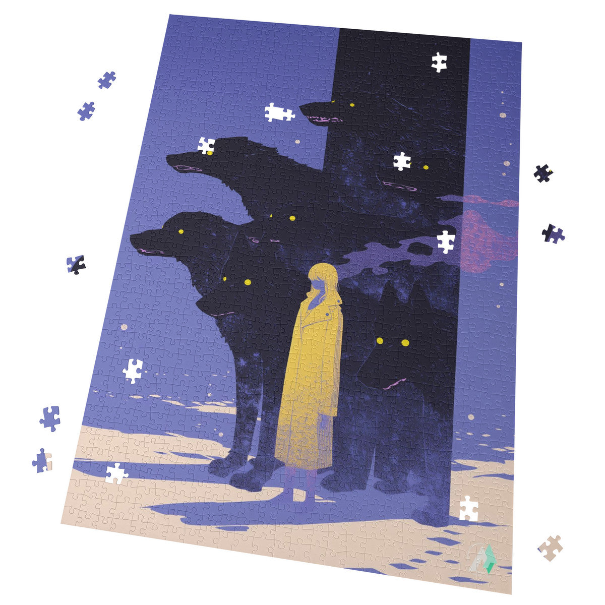 Hounds Unleashed VI Puzzle featuring artwork of a person with wolves, available in 500 or 1000 pieces, made from premium ivory cardboard.