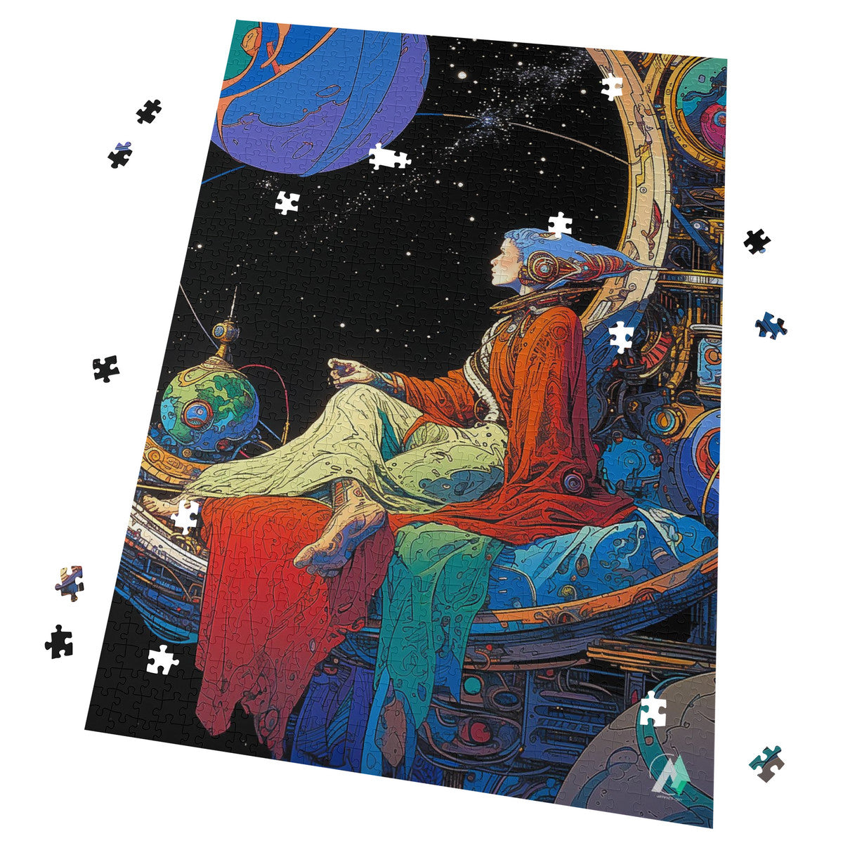 Galleria Galactica III Puzzle: Illustration of a woman sitting on a spaceship; available as a 500 or 1000-piece premium jigsaw puzzle.