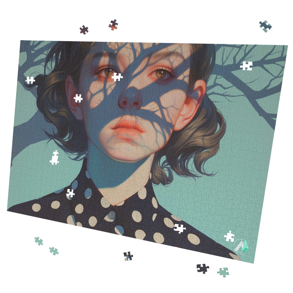 Surreal Feminine II Puzzle: A 500 or 1000-piece jigsaw featuring a woman's face artwork by @shinjoku13, crafted on premium ivory cardboard.