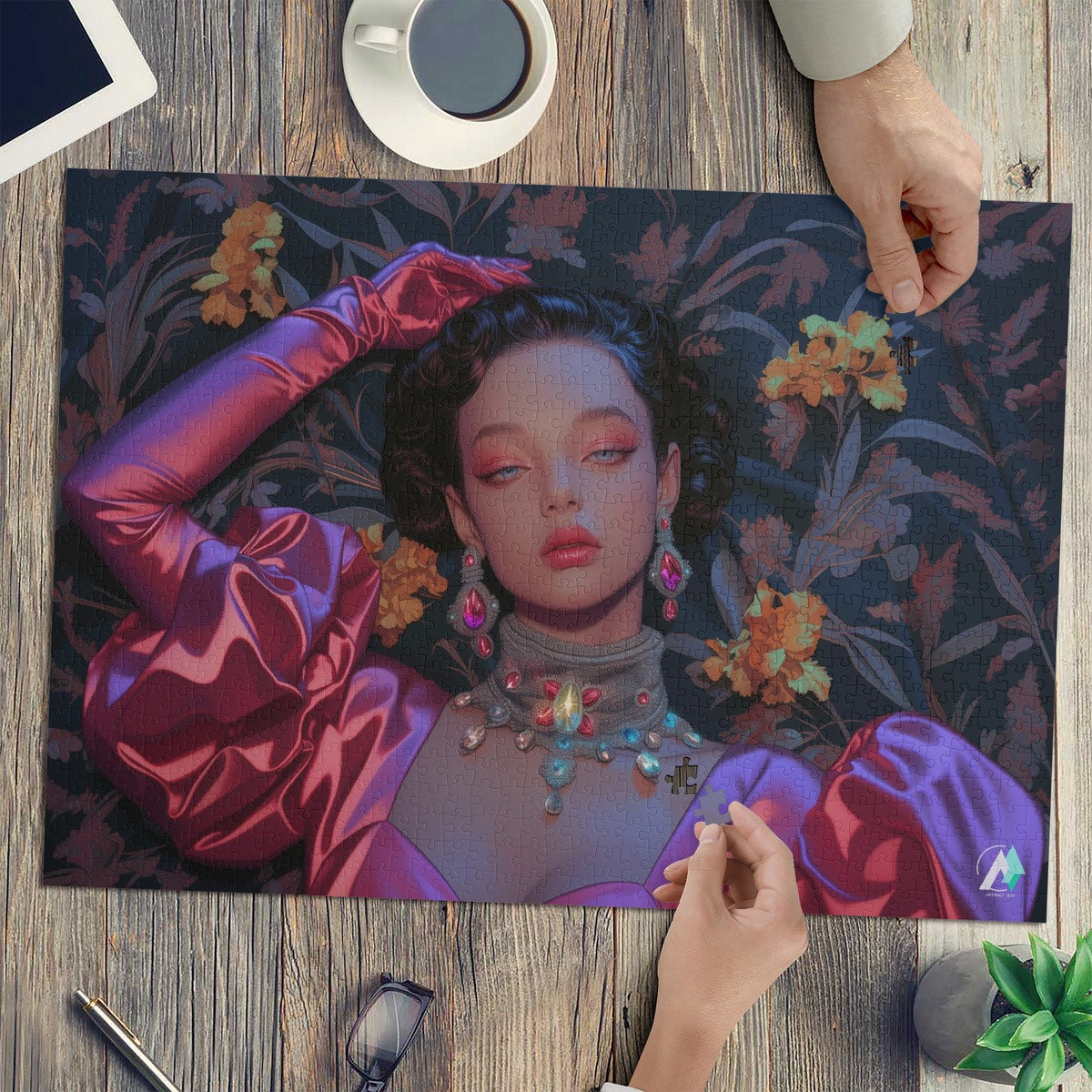 Let Them Eat Cake II Puzzle: A woman's face in pink dress, detailed jewelry, 500 or 1000 pieces, premium cardboard, inspired by artist @shinjoku13.