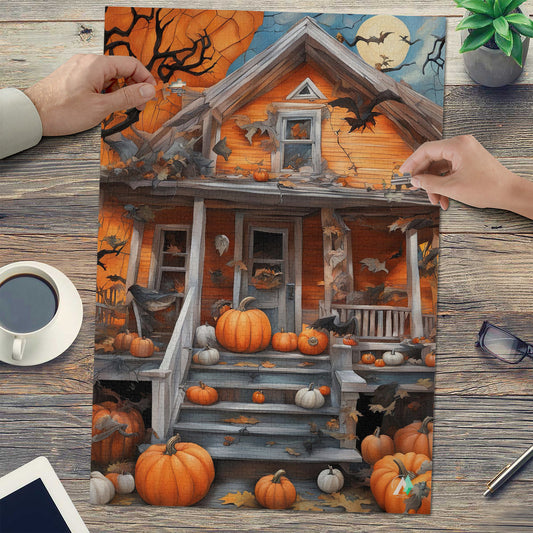 Pumpkin House puzzle featuring a whimsical house surrounded by pumpkins and bats, available in 500 and 1000 pieces, made from premium ivory cardboard.