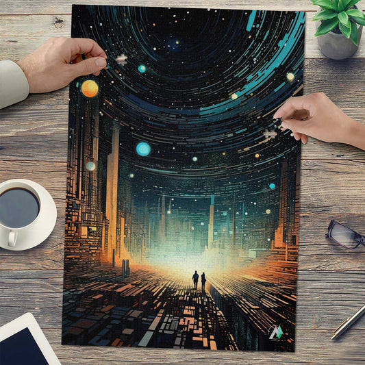 Future Urbanscape II Puzzle featuring two people on a futuristoc city street, available in 500 or 1000 pieces, crafted from premium ivory cardboard.