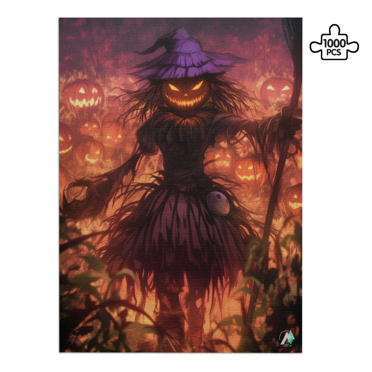 Harrowing Scarecrow Puzzle featuring a scarecrow with a purple hat, jack-o-lantern, and mask, set in a whimsical, artistic design.