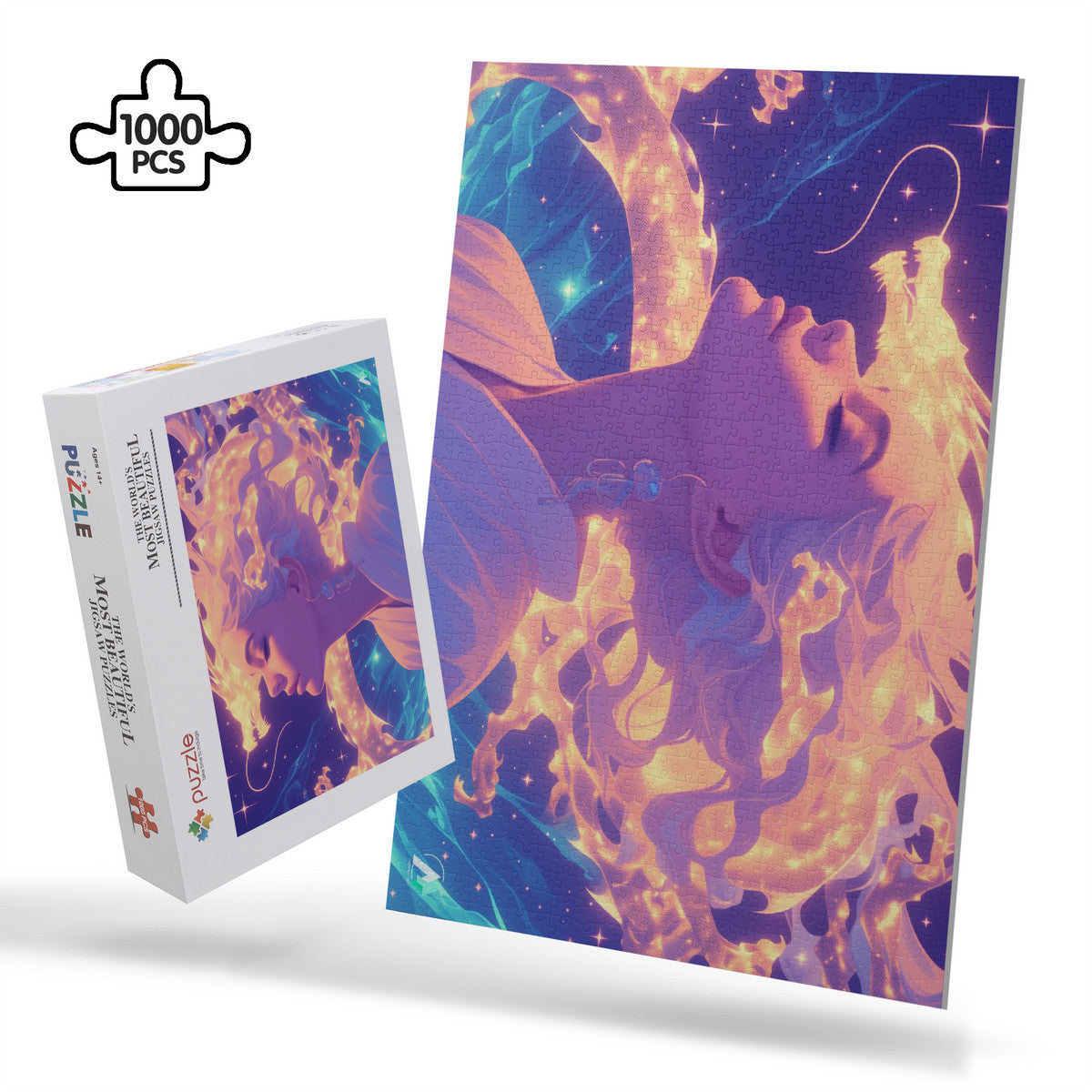 Supernal Connection Puzzle featuring a woman with dragon-like hair, available in 500 and 1000 pieces, crafted from premium ivory cardboard.
