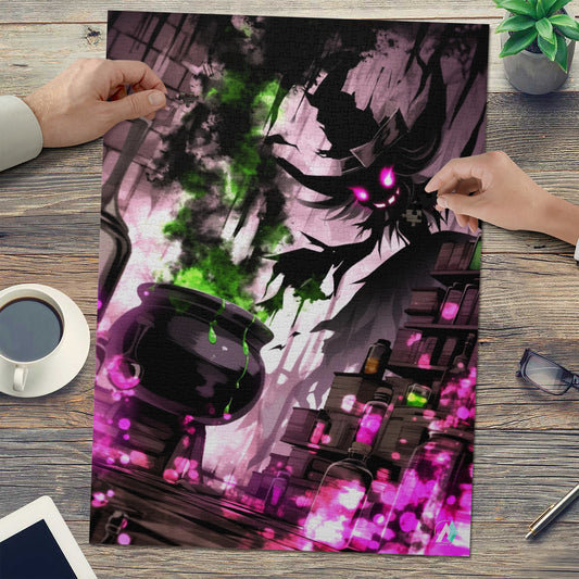 Has-Been's Brew II Puzzle: Depicts a person with a dark cauldron emitting green liquid, capturing a mysterious, imaginative scene. Available in 500 or 1000 pieces.
