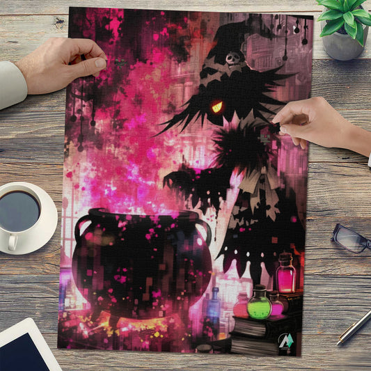 Has-Been's Brew III Puzzle features a cartoon character with a cauldron and toy skull, highlighting creative artwork by artist @drewsidious.