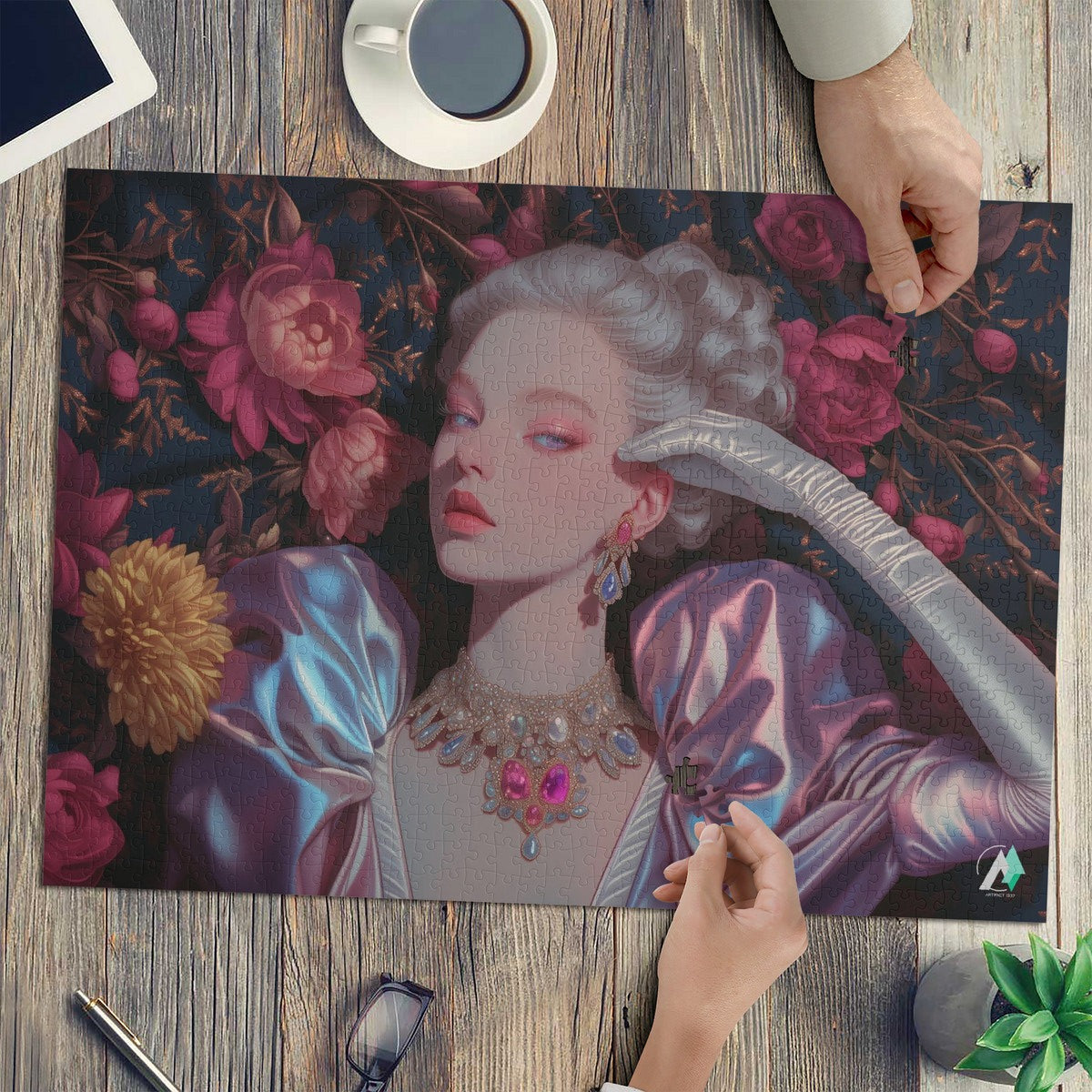 Let Them Eat Cake I Puzzle depicting a woman with jewelry, featuring intricate artwork by @shinjoku13, available in 500 and 1000-piece options.