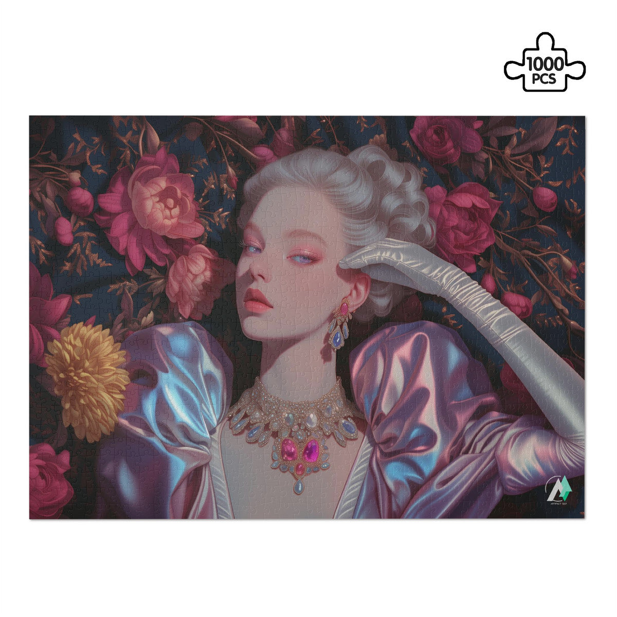 Let Them Eat Cake I Puzzle depicting a woman with jewelry, featuring intricate artwork by @shinjoku13, available in 500 and 1000-piece options.