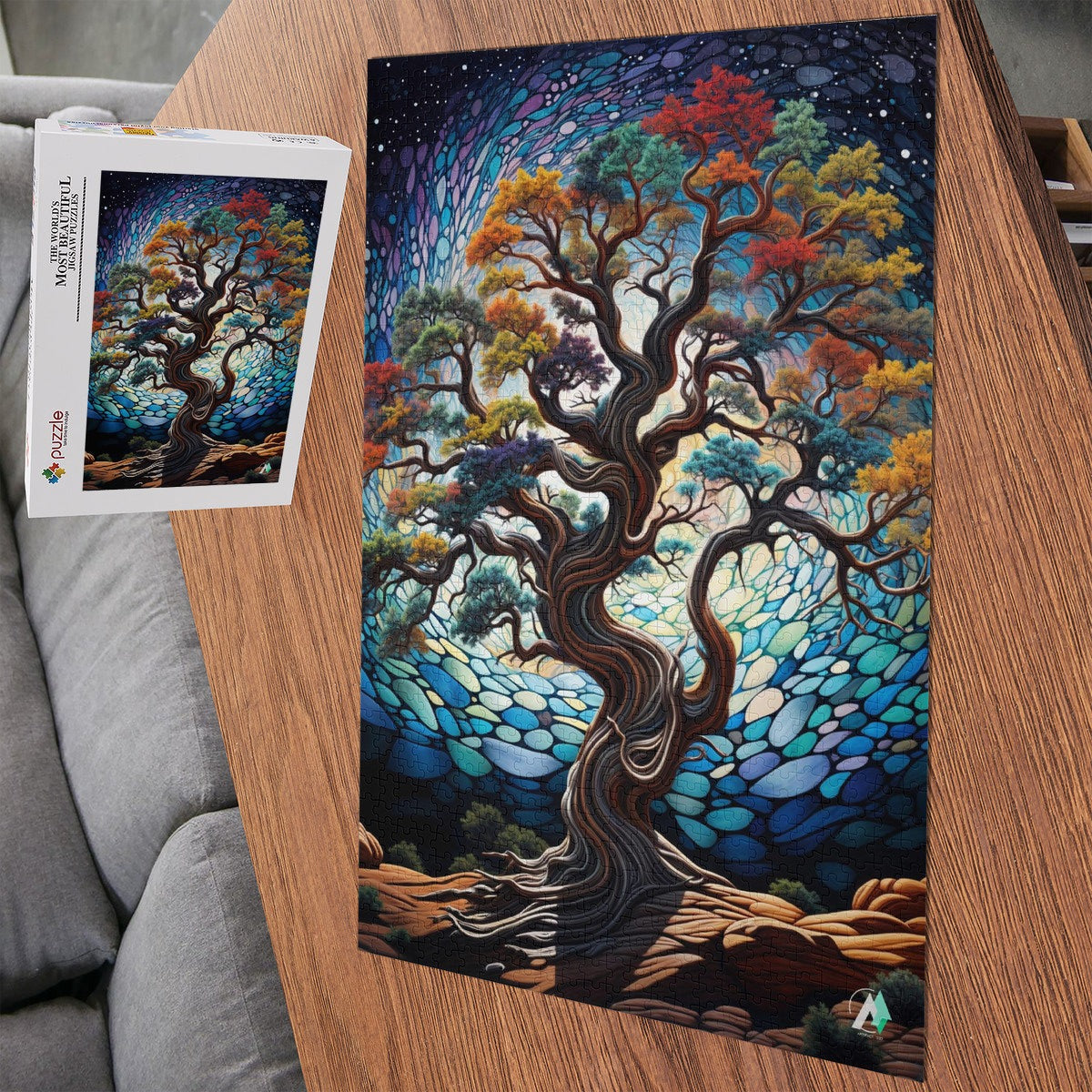 Ancient Bristlecone Puzzle, featuring a vibrant tree artwork by @aihabit, available in 500 and 1000 pieces, crafted from premium ivory cardboard.