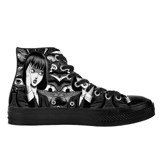 Mind Shatter III 🧠💥 | 1337 High Tops: Black canvas sneakers with manga horror design, featuring a startled woman and eerie eyes, embodying unique art-forward style.