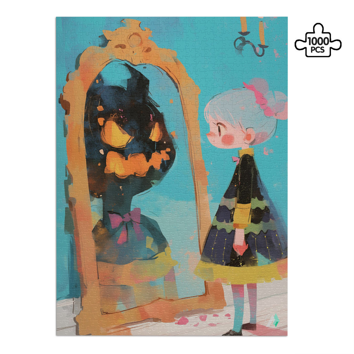 Little House of Horrors VI Puzzle featuring a girl gazing at a mirror with a monster gazing back, available in 500 or 1000 pieces, crafted from premium ivory cardboard.