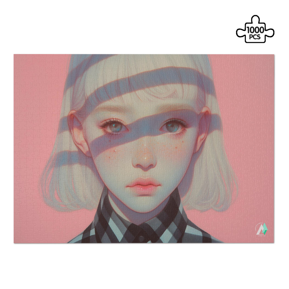 Surreal Feminine VI Puzzle: A detailed puzzle of a girl's portrait with shadows, featuring premium cardboard and artwork by @shinjoku13. Available in 500 and 1000 pieces.