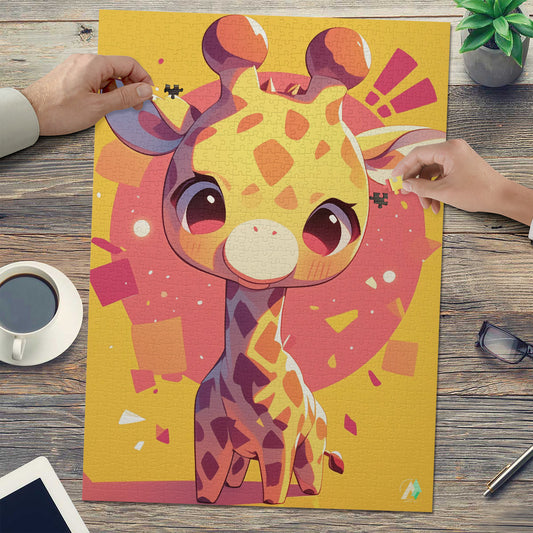 Chibi Safari Giraffe Puzzle featuring a whimsical giraffe illustration, available in 500 and 1000 pieces, crafted from premium ivory cardboard with satin finish.