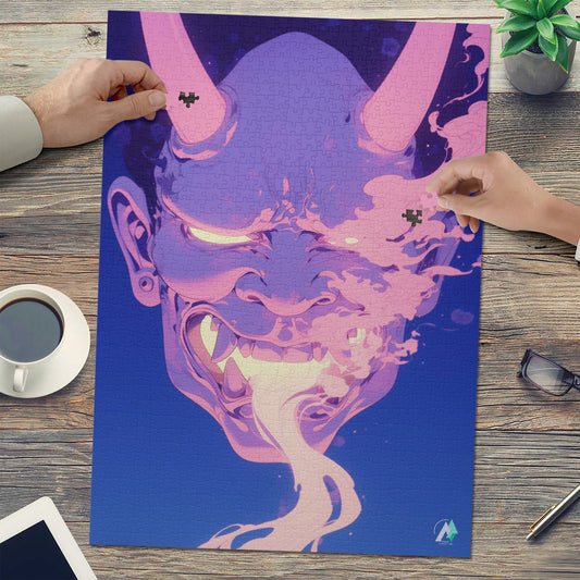 Oni Spirit Mask IX Puzzle: Jigsaw puzzle featuring a horned face with tongue out, available in 500 or 1000 pieces. Art by @shinjoku13.