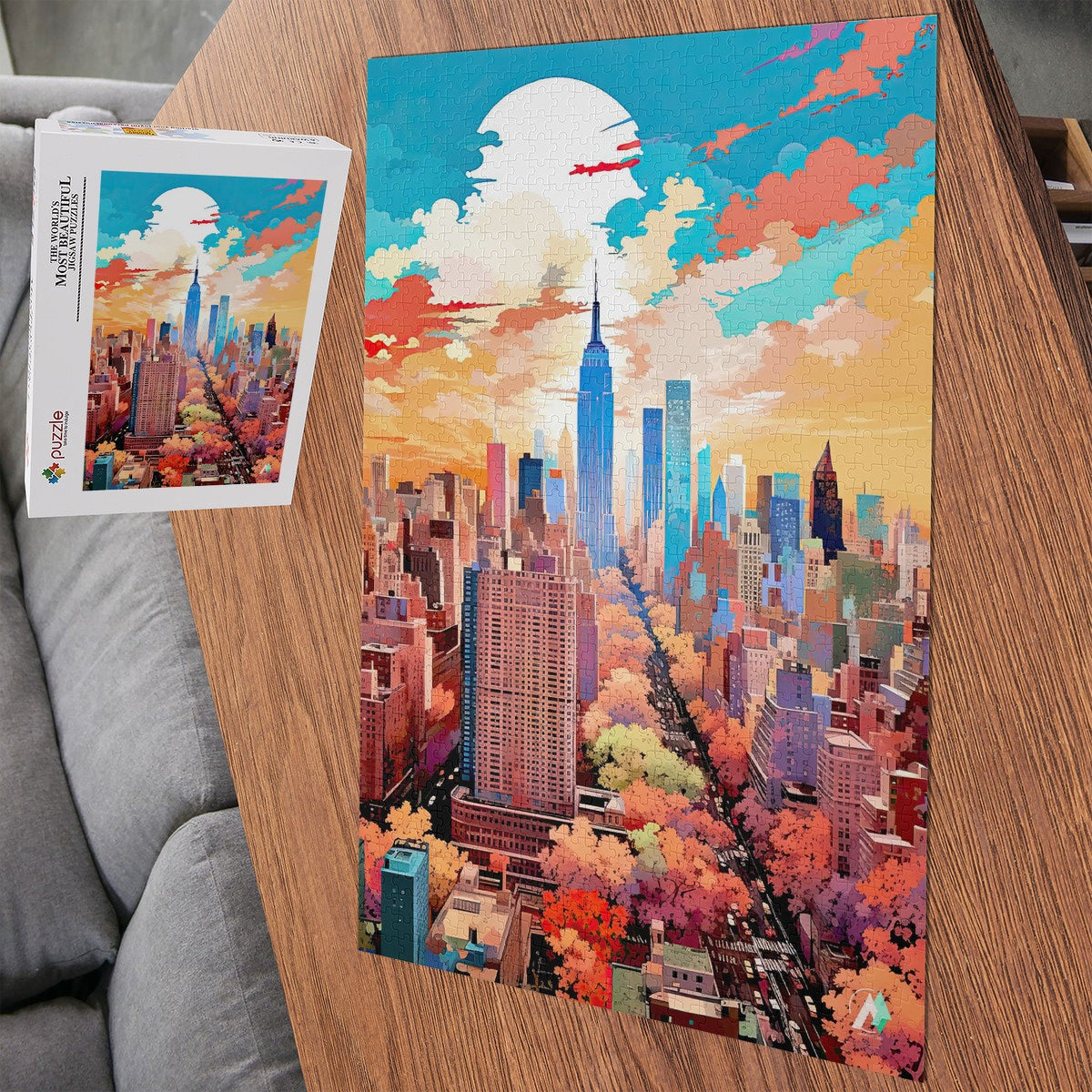 New York in Pastels II Puzzle features a cityscape design, showcasing skyscrapers and buildings in vibrant colors, available in 500 or 1000 pieces, made from premium ivory cardboard.