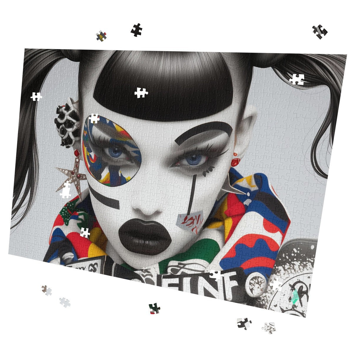 Fashion Quinn Puzzle features a striking black and white face art design by @shinjoku13, available in 500 or 1000 pieces for a creative challenge.
