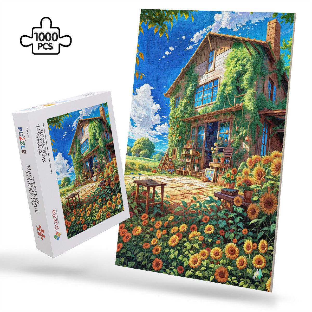 Bohemian Sunflower House Puzzle featuring a picturesque house with sunflowers, available in 500 or 1000 pieces, crafted from premium ivory cardboard.