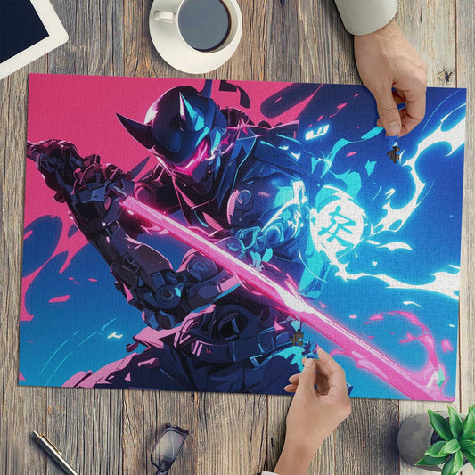 Oni Shinobi Puzzle showcasing a cartoon character with a sword, crafted from premium ivory cardboard, available in 500 or 1000 pieces.