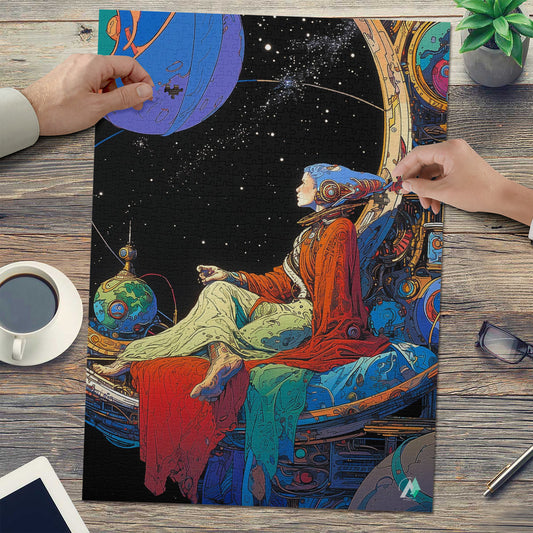 Galleria Galactica III Puzzle: Illustration of a woman sitting on a spaceship; available as a 500 or 1000-piece premium jigsaw puzzle.