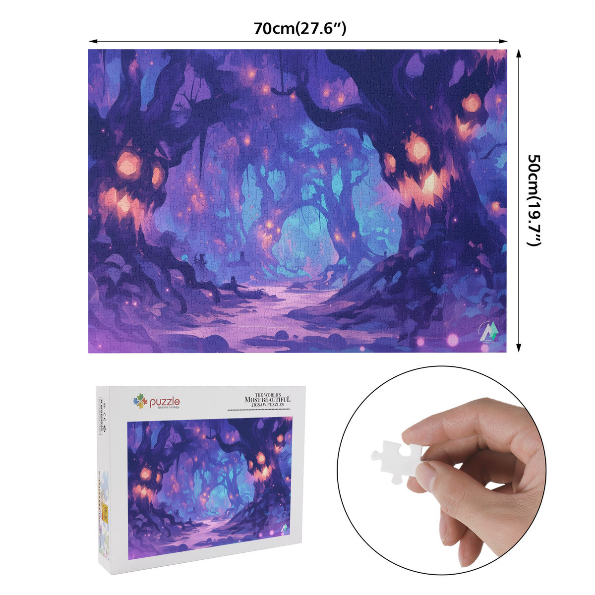 Forest of Haunts Puzzle featuring eerie tree artwork by @drewsidious, available in 500 or 1000 pieces, crafted from premium ivory cardboard.