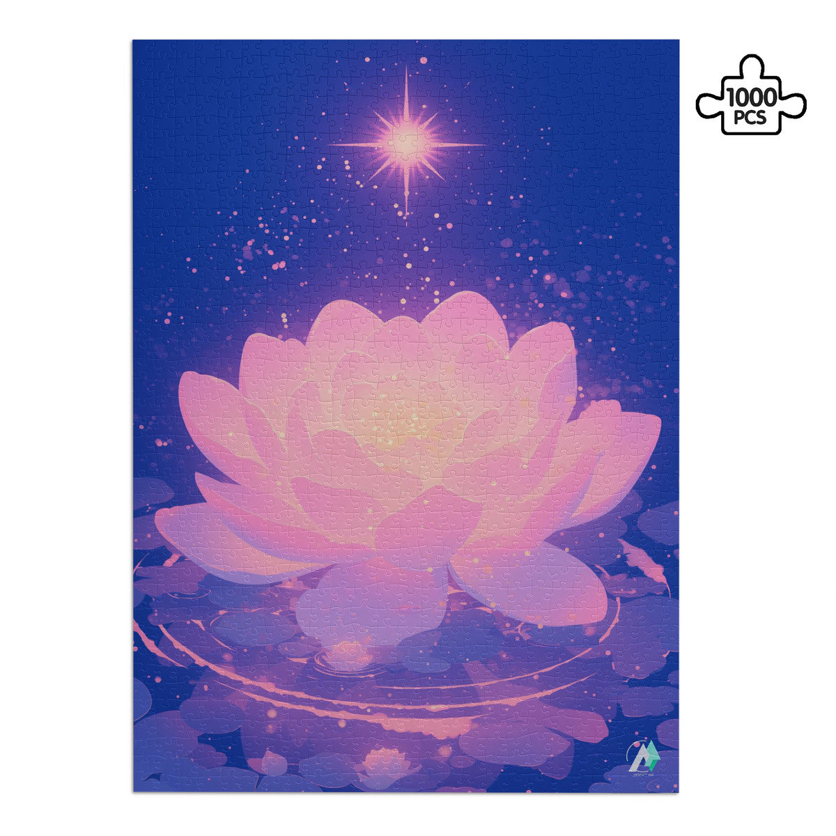 Celestial Bloom I Puzzle featuring a floral design floating on water, available in 500 and 1000 pieces, crafted from premium ivory cardboard with a satin finish.