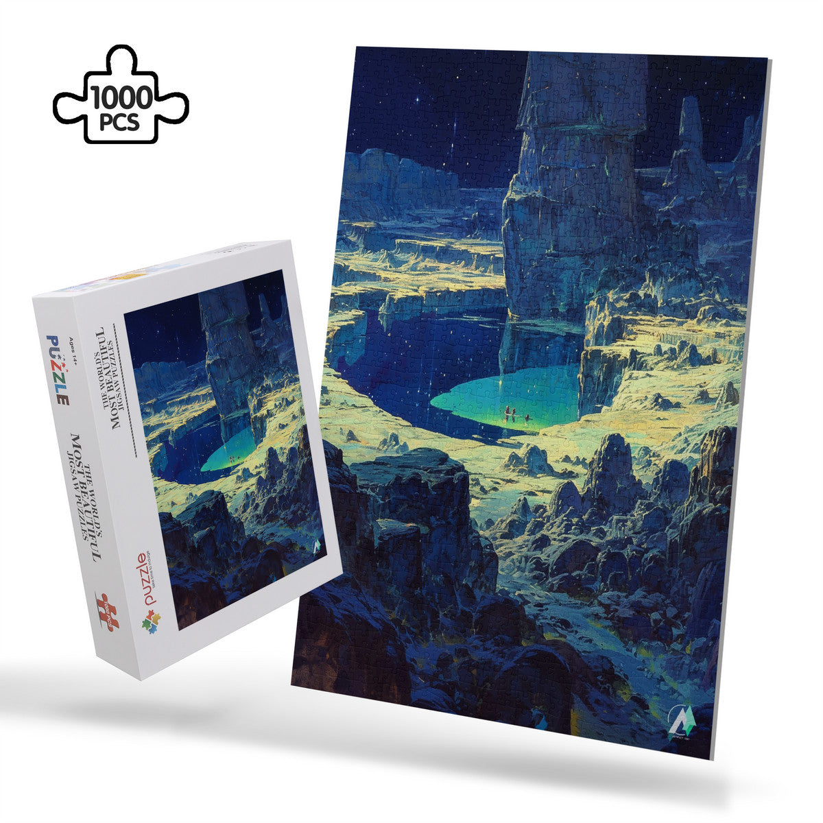 Galleria Galactica IV Puzzle featuring a landscape with a pond and mountain. Available in 500 or 1000 pieces, made from premium ivory cardboard.