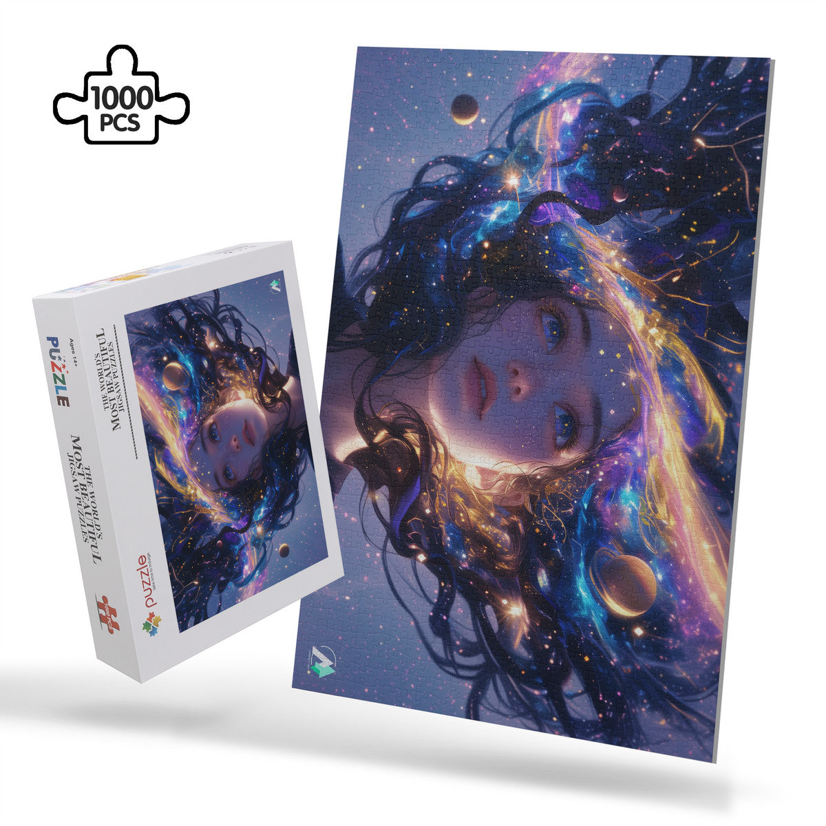 Cosmic Serenity III Puzzle features a colorful-haired girl in a fantastical scene, available in 500 or 1000 pieces, crafted on premium ivory cardboard.